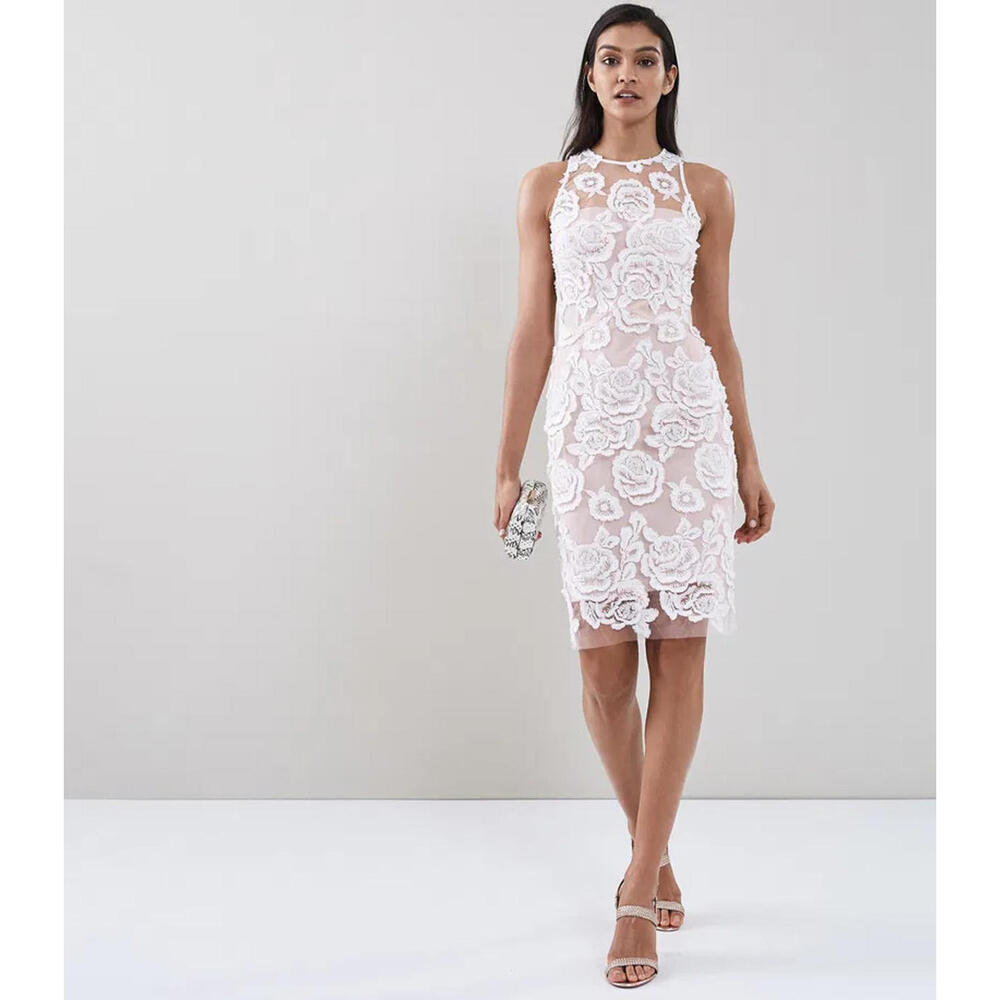 Reiss Meghan Floral Lace Dress White Mesh Nude US-6 Medium M Party - Picture 3 of 9